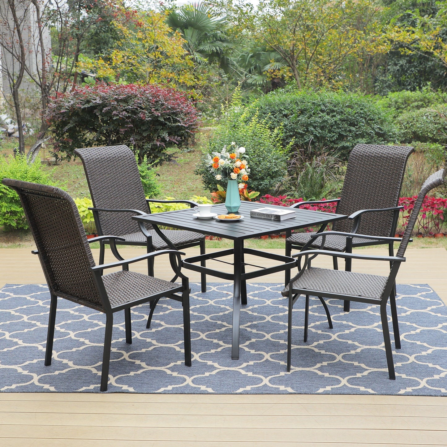 5-Piece Patio Dining Set with 4 Rattan Dining Chairs & Steel Square Table