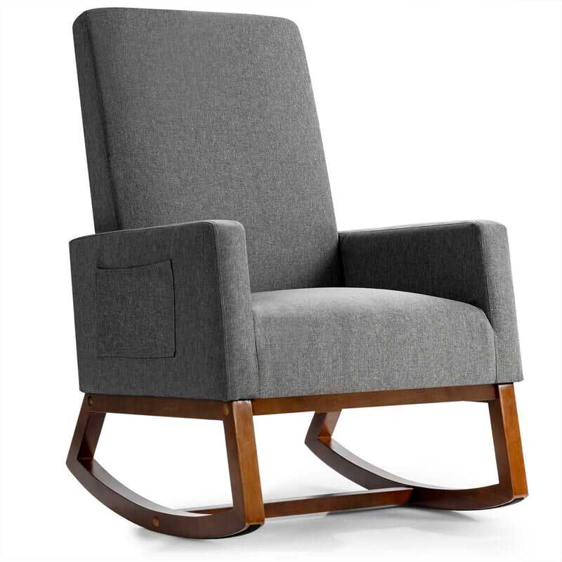 Upholstered Rocking Chair High Back Glider Rocker Chair Mid-Century Nursery Chair Modern Fabric Armchair with Wood Base