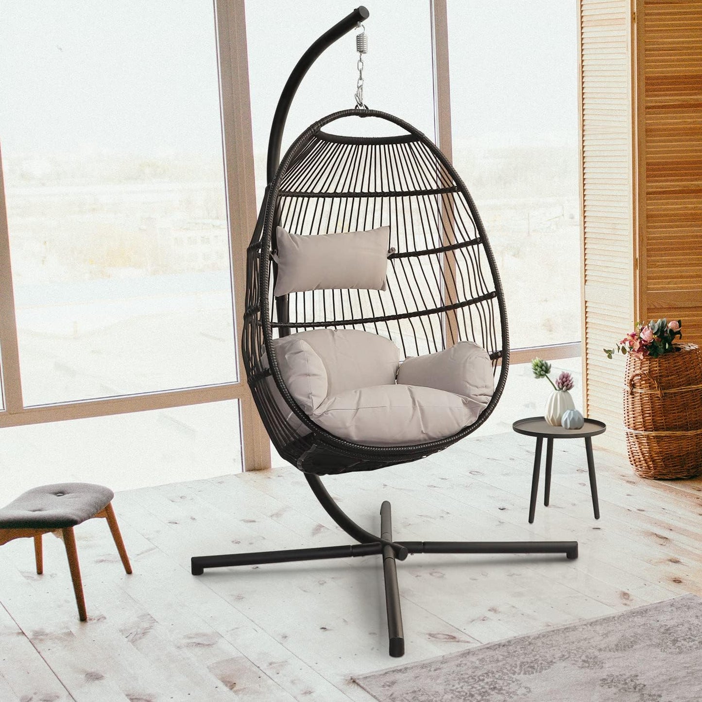 PRIVATE GARDEN Indoor Outdoor Hammock Egg Chair with Stand Large Hanging Chair Wicker Rattan Swing Chair with Removable Cushion 330LBS Capacity for Bedroom Patio Balcony