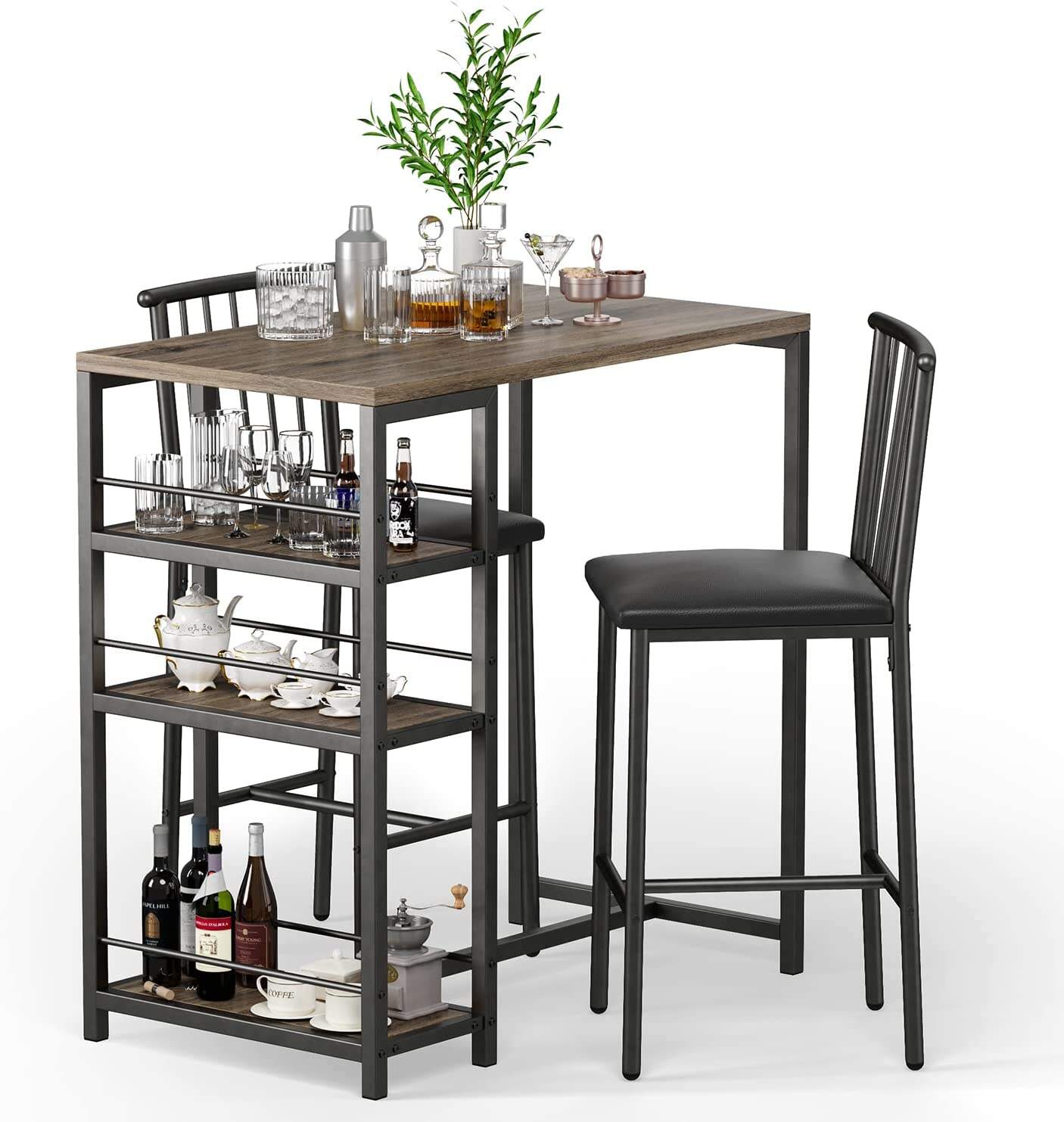 Bar Table and Chairs Set for 2 with 3 Storage Shelves, Kitchen Counter Height Dining Table Set with Pu Cushion Chairs & Thick Wood Top for Breakfast, 3-Piece Modern Pub Table Set