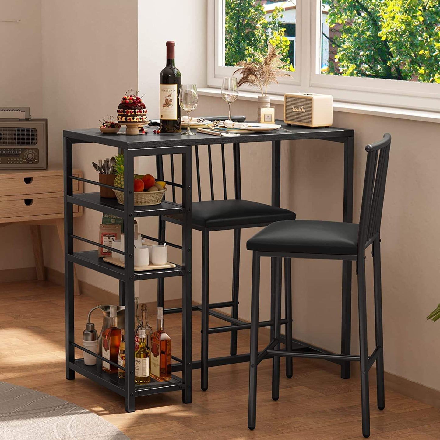 Bar Table and Chairs Set for 2 with 3 Storage Shelves, Kitchen Counter Height Dining Table Set with Pu Cushion Chairs & Thick Wood Top for Breakfast, 3-Piece Modern Pub Table Set