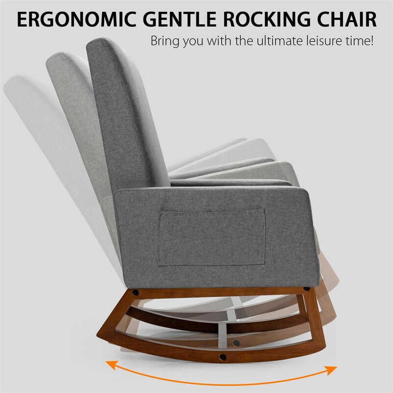 Upholstered Rocking Chair High Back Glider Rocker Chair Mid-Century Nursery Chair Modern Fabric Armchair with Wood Base