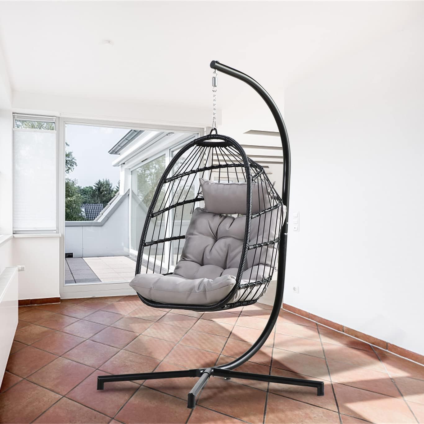 PRIVATE GARDEN Indoor Outdoor Hammock Egg Chair with Stand Large Hanging Chair Wicker Rattan Swing Chair with Removable Cushion 330LBS Capacity for Bedroom Patio Balcony