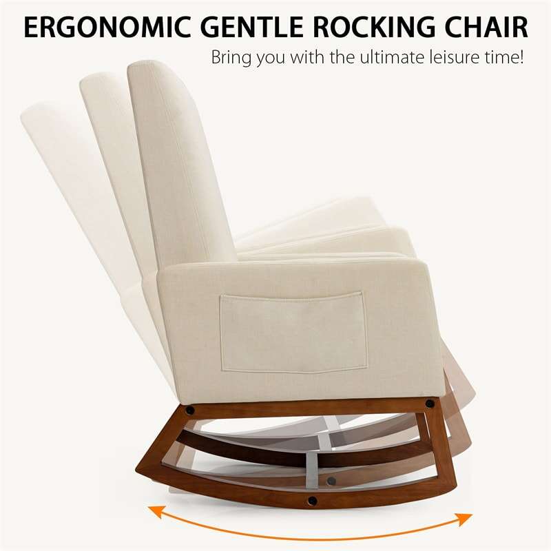 Upholstered Rocking Chair High Back Glider Rocker Chair Mid-Century Nursery Chair Modern Fabric Armchair with Wood Base