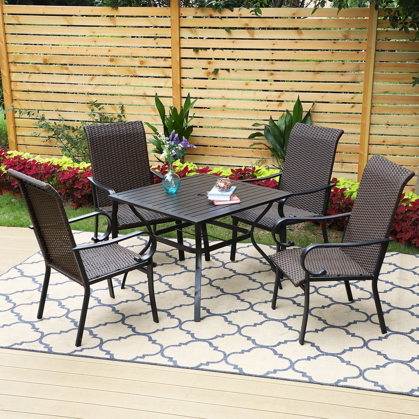 5-Piece Patio Dining Set with 4 Rattan Dining Chairs & Steel Square Table