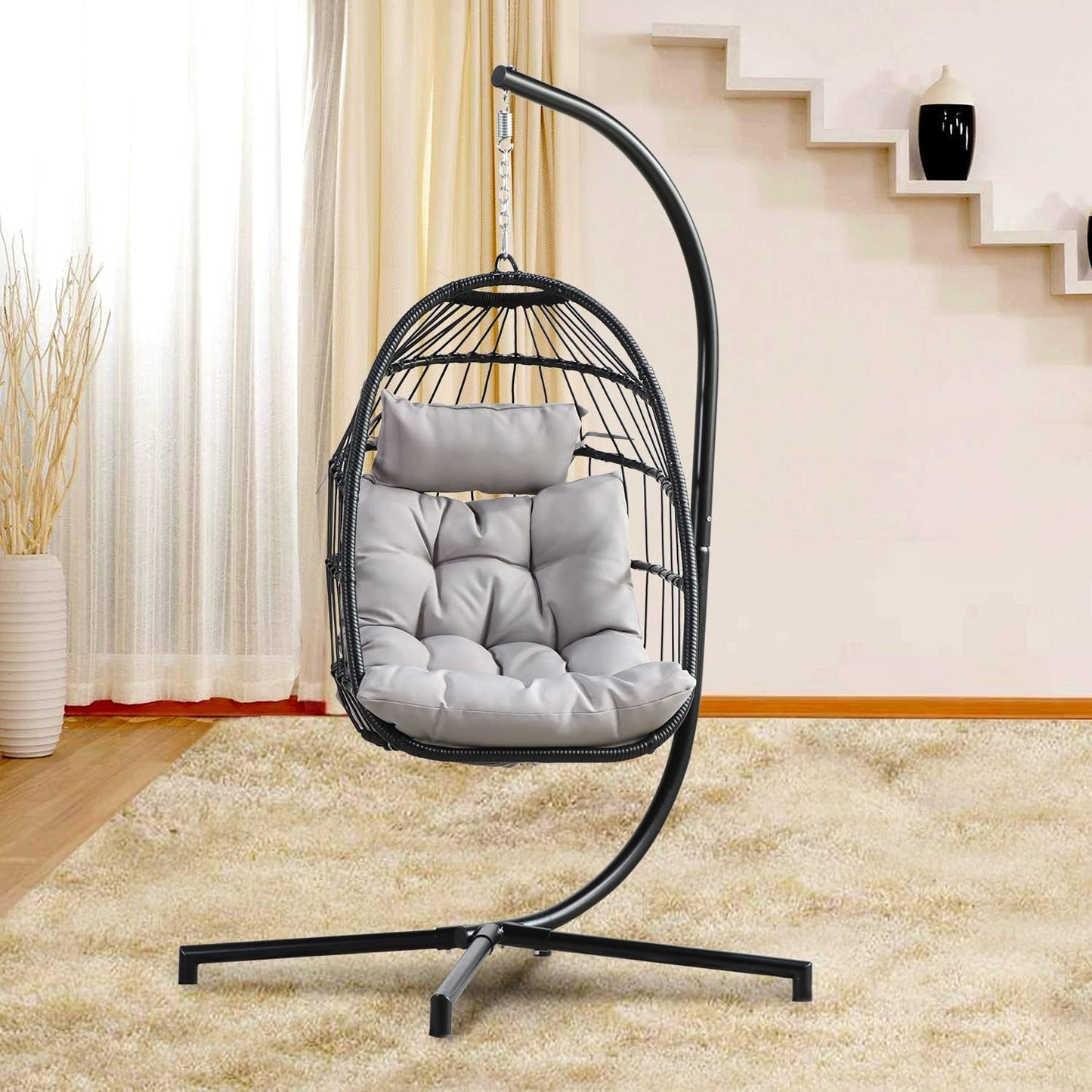 PRIVATE GARDEN Indoor Outdoor Hammock Egg Chair with Stand Large Hanging Chair Wicker Rattan Swing Chair with Removable Cushion 330LBS Capacity for Bedroom Patio Balcony