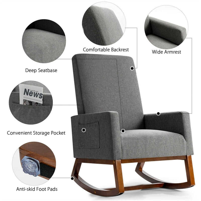 Upholstered Rocking Chair High Back Glider Rocker Chair Mid-Century Nursery Chair Modern Fabric Armchair with Wood Base