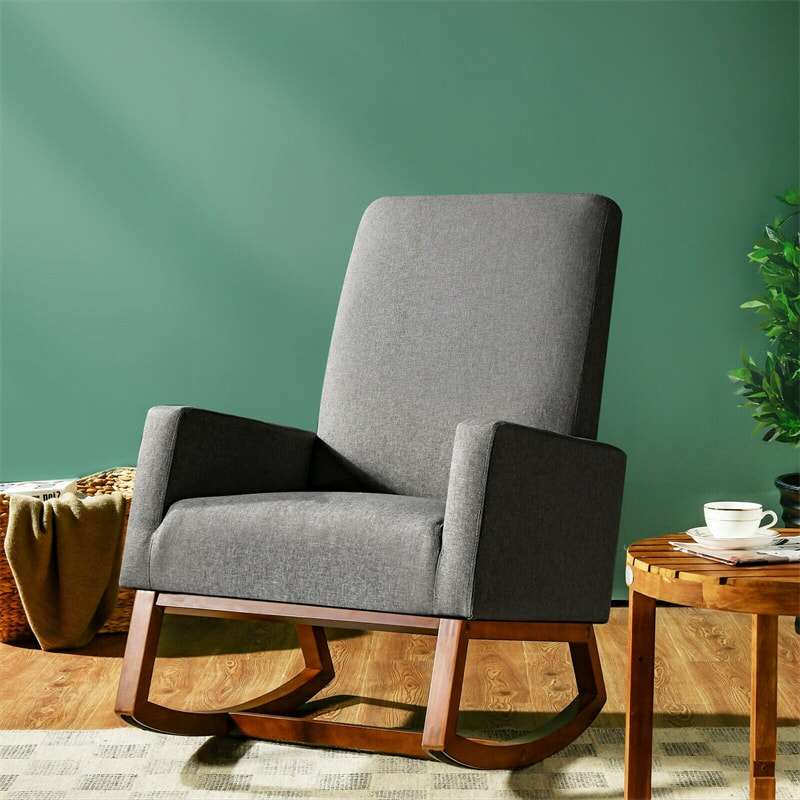 Upholstered Rocking Chair High Back Glider Rocker Chair Mid-Century Nursery Chair Modern Fabric Armchair with Wood Base