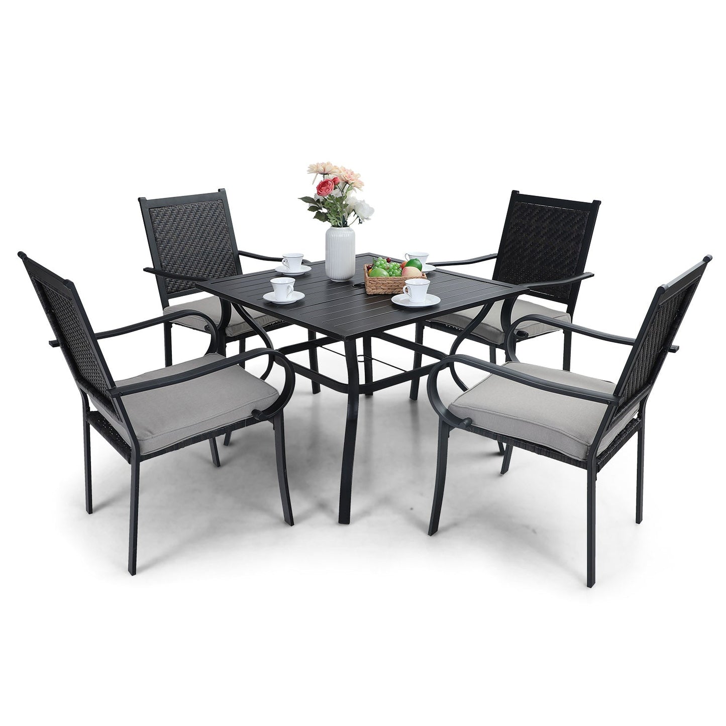 5-Piece Patio Dining Set with 4 Rattan Dining Chairs & Steel Square Table