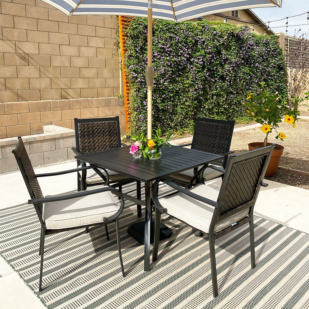 5-Piece Patio Dining Set with 4 Rattan Dining Chairs & Steel Square Table