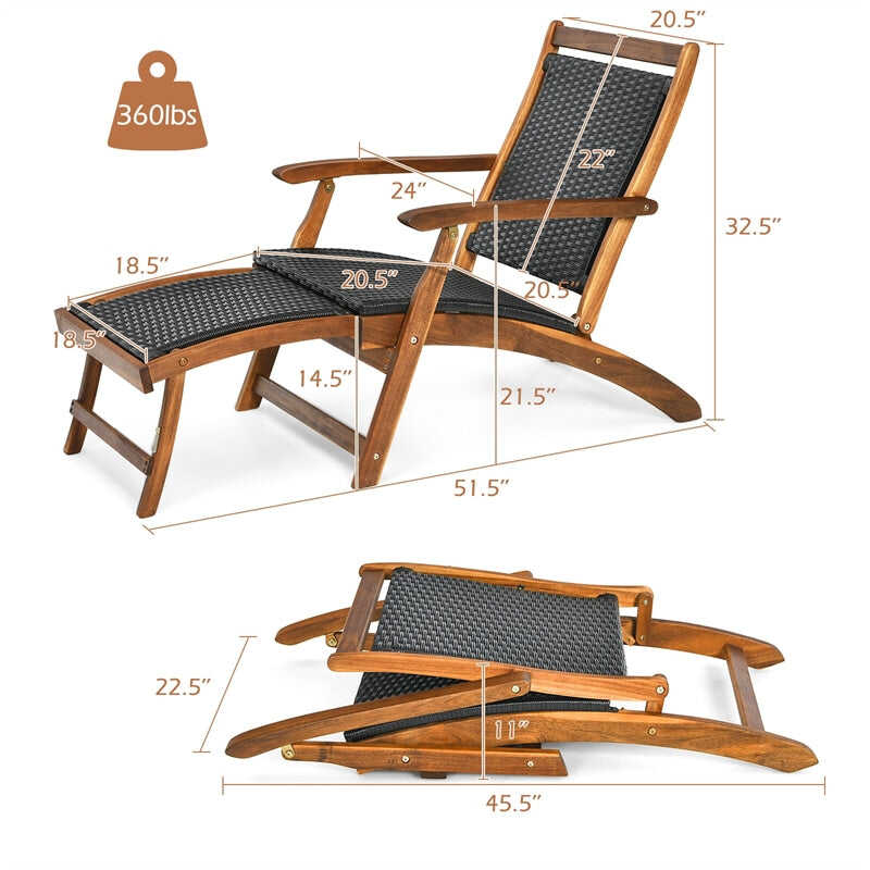 Acacia Wood Folding Wicker Patio Chaise Lounge Chair with Retractable Footrest