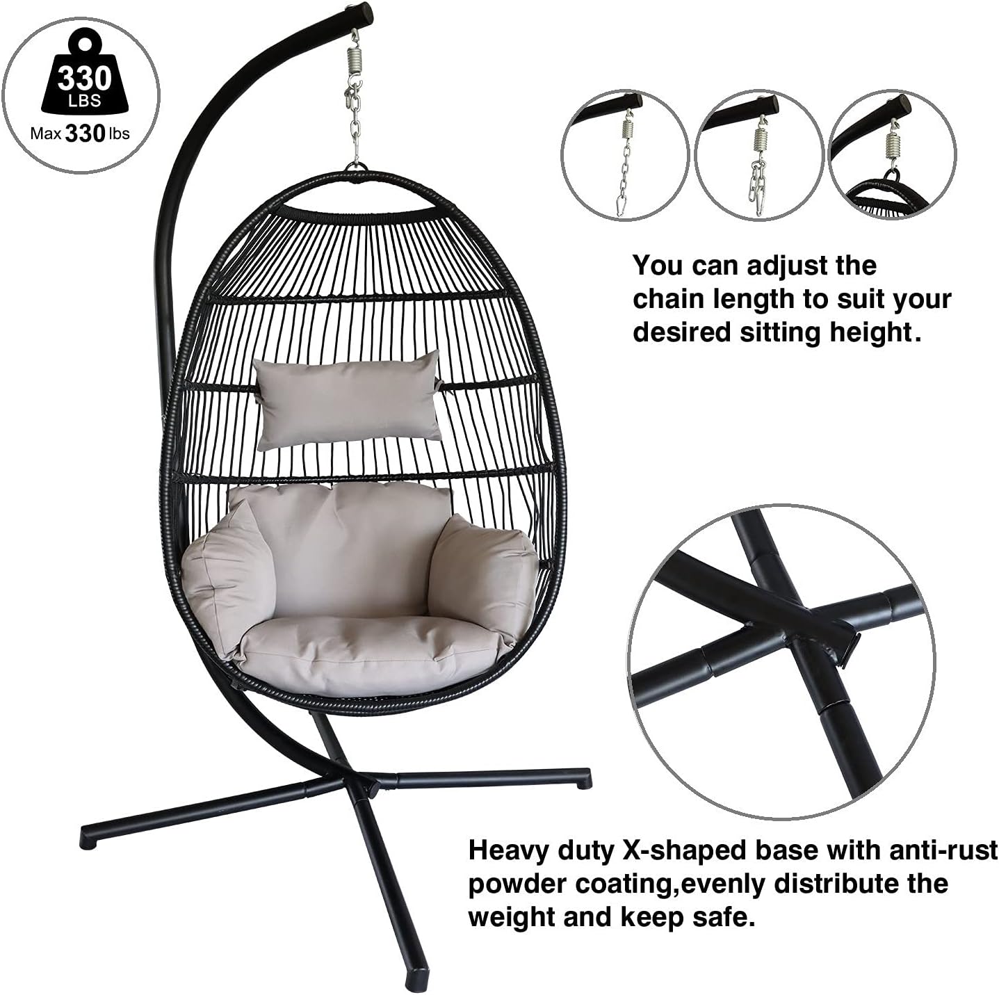 PRIVATE GARDEN Indoor Outdoor Hammock Egg Chair with Stand Large Hanging Chair Wicker Rattan Swing Chair with Removable Cushion 330LBS Capacity for Bedroom Patio Balcony