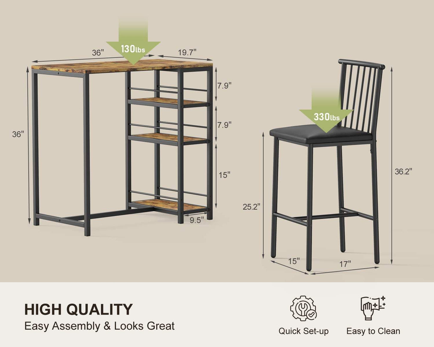 Bar Table and Chairs Set for 2 with 3 Storage Shelves, Kitchen Counter Height Dining Table Set with Pu Cushion Chairs & Thick Wood Top for Breakfast, 3-Piece Modern Pub Table Set