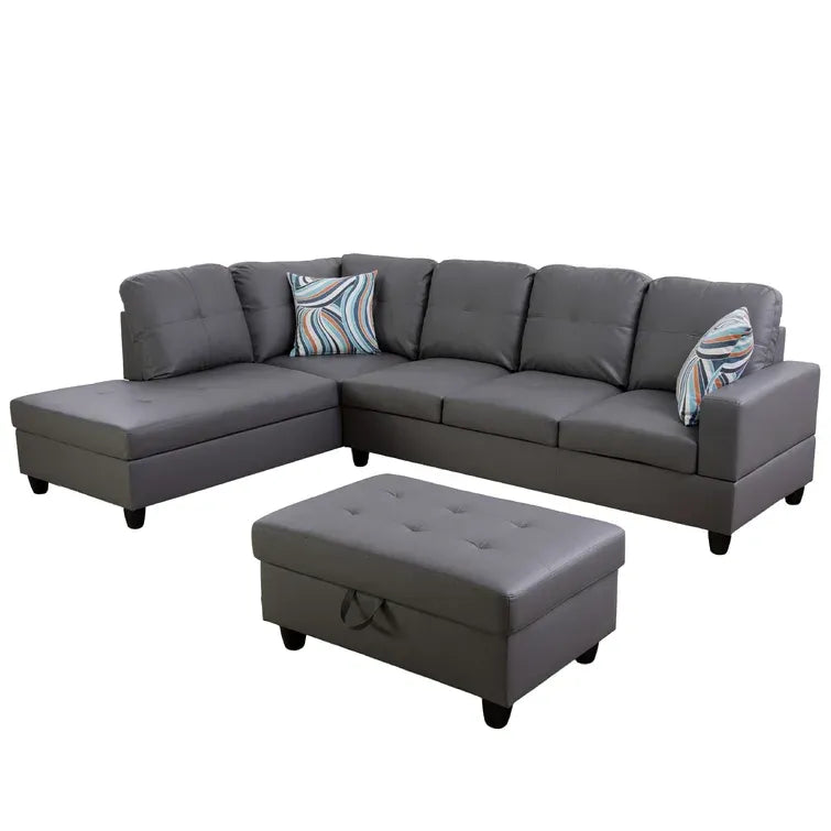 Wilhelmine 103.5" Wide Faux Leather Sofa & Chaise with Ottoman