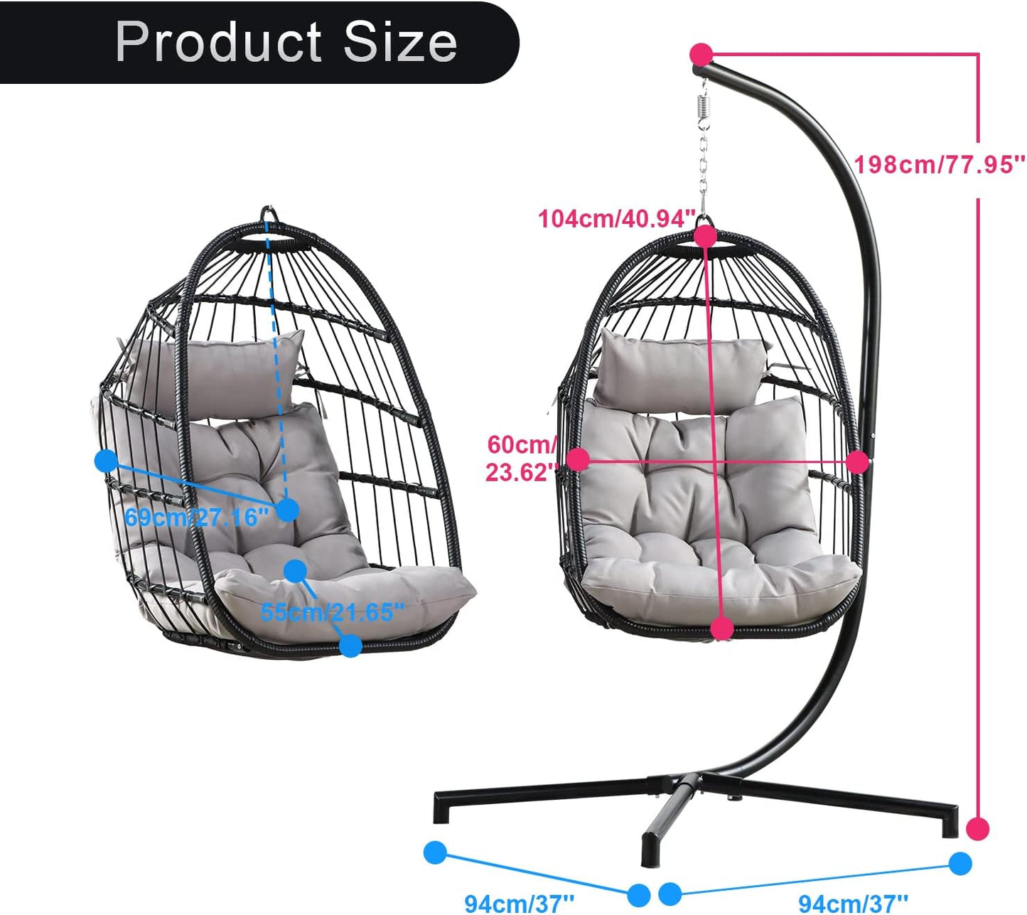 PRIVATE GARDEN Indoor Outdoor Hammock Egg Chair with Stand Large Hanging Chair Wicker Rattan Swing Chair with Removable Cushion 330LBS Capacity for Bedroom Patio Balcony