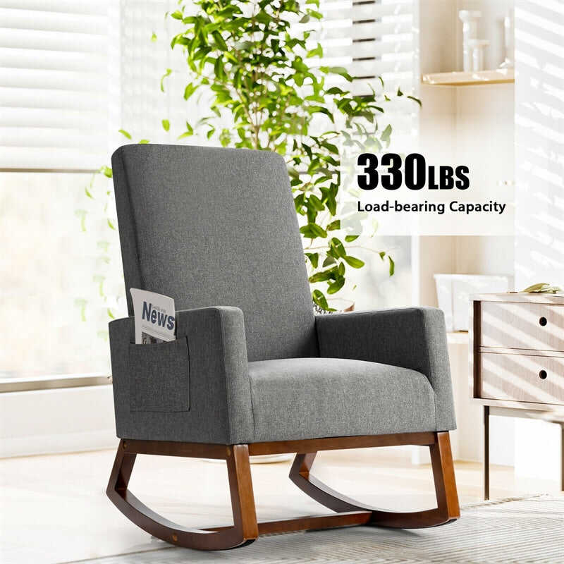 Upholstered Rocking Chair High Back Glider Rocker Chair Mid-Century Nursery Chair Modern Fabric Armchair with Wood Base