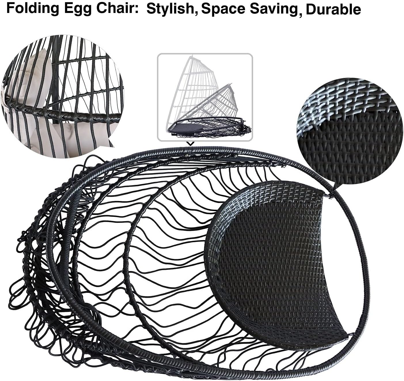 PRIVATE GARDEN Indoor Outdoor Hammock Egg Chair with Stand Large Hanging Chair Wicker Rattan Swing Chair with Removable Cushion 330LBS Capacity for Bedroom Patio Balcony