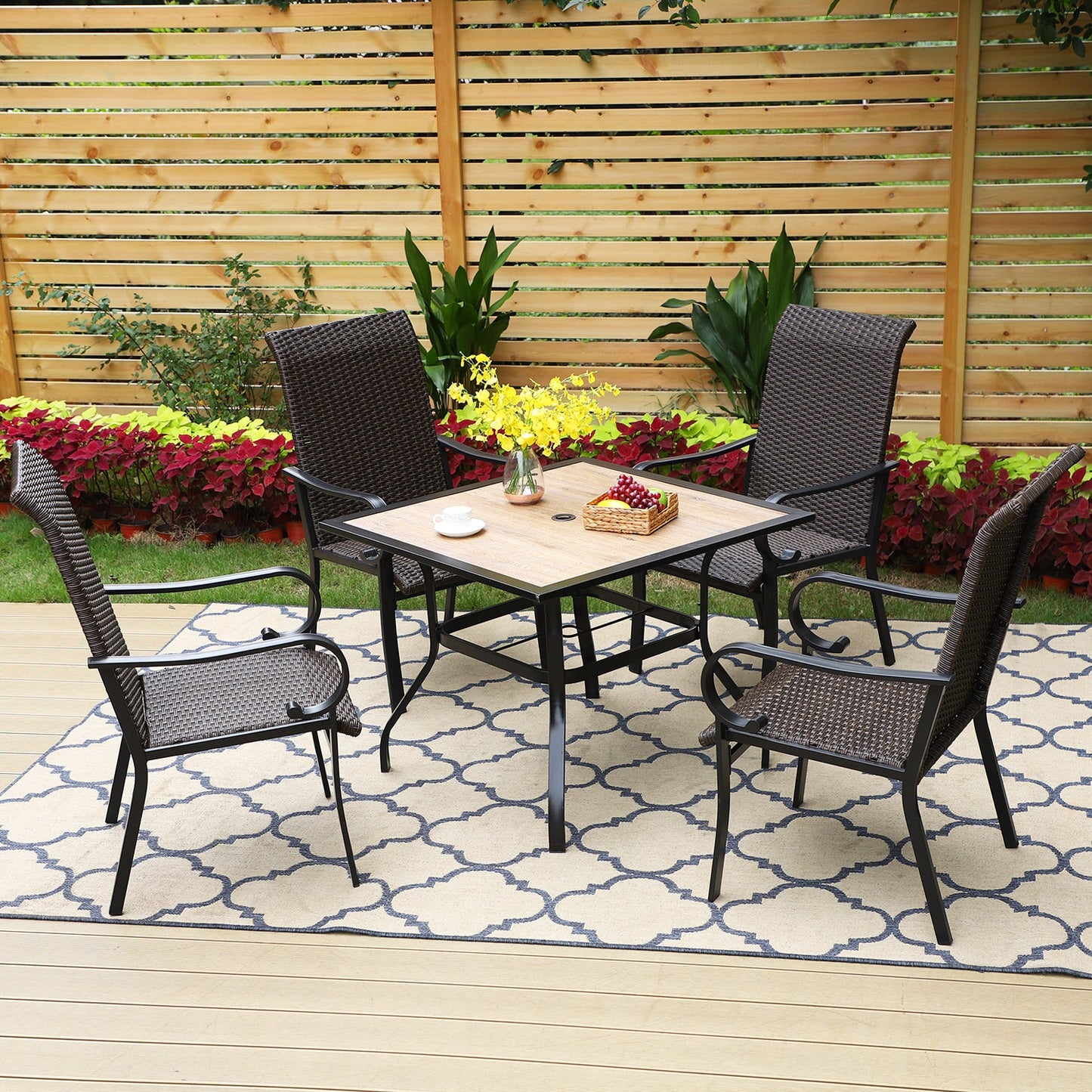 5-Piece Patio Dining Set with 4 Rattan Dining Chairs & Wood-look Square Table