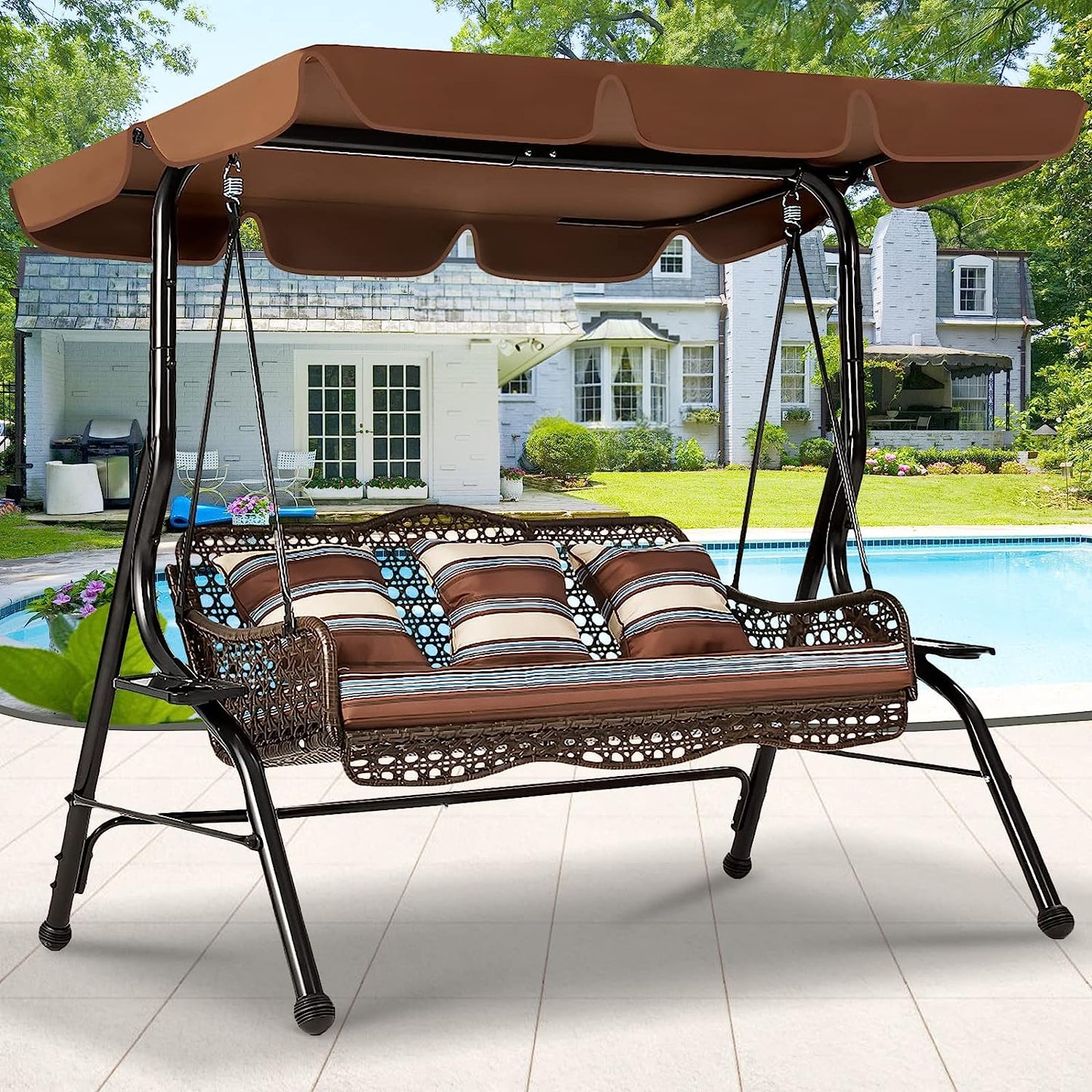 AECOJOY 3-Seat Proch Swing Chair, Patio Swing with Canopy, 2 Side Trays, 3 Pillows & Removable Cushion, Patio Wicker Swing with Stand Outdoor Swings for Adults, Balcony, Garden, Deck(Brown Rattan)