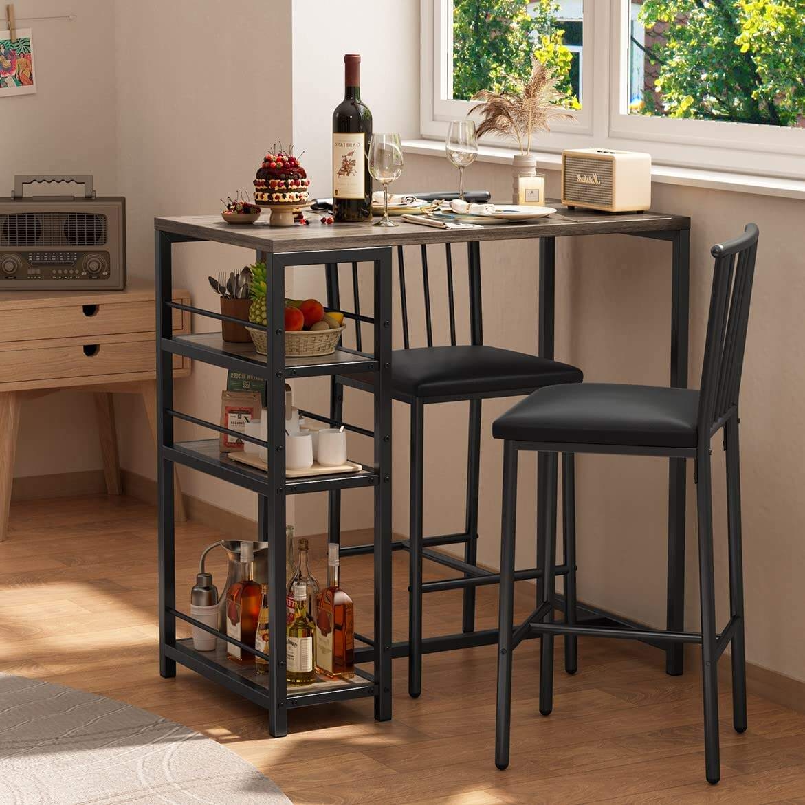 Bar Table and Chairs Set for 2 with 3 Storage Shelves, Kitchen Counter Height Dining Table Set with Pu Cushion Chairs & Thick Wood Top for Breakfast, 3-Piece Modern Pub Table Set