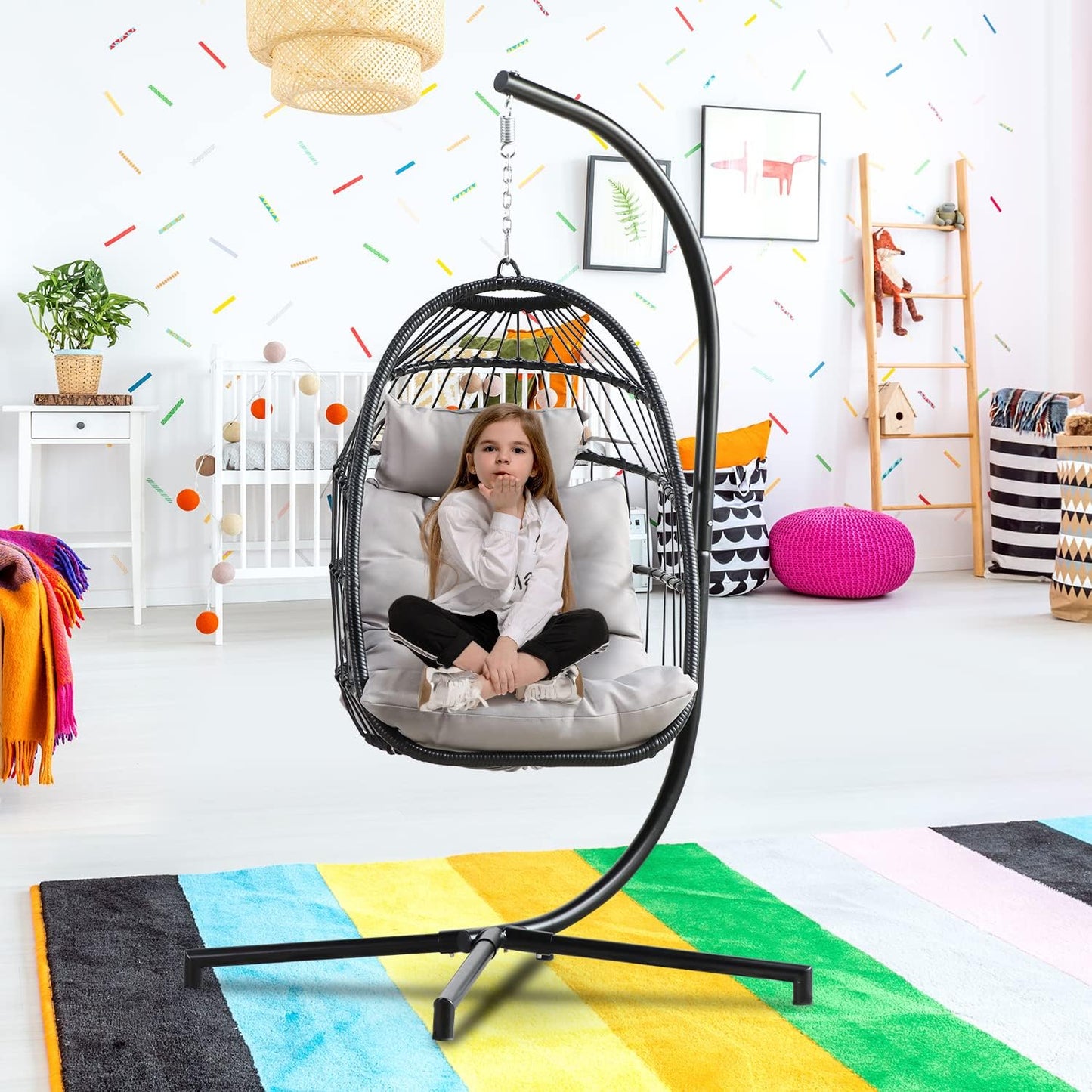 PRIVATE GARDEN Indoor Outdoor Hammock Egg Chair with Stand Large Hanging Chair Wicker Rattan Swing Chair with Removable Cushion 330LBS Capacity for Bedroom Patio Balcony