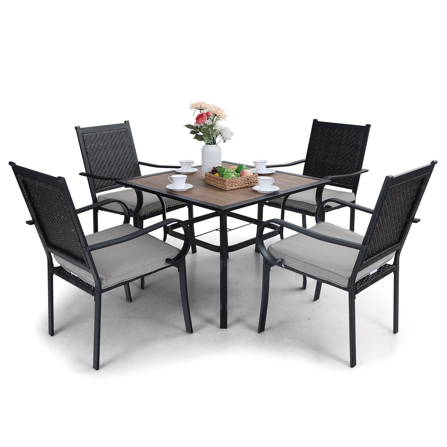 5-Piece Patio Dining Set with 4 Rattan Dining Chairs & Wood-look Square Table