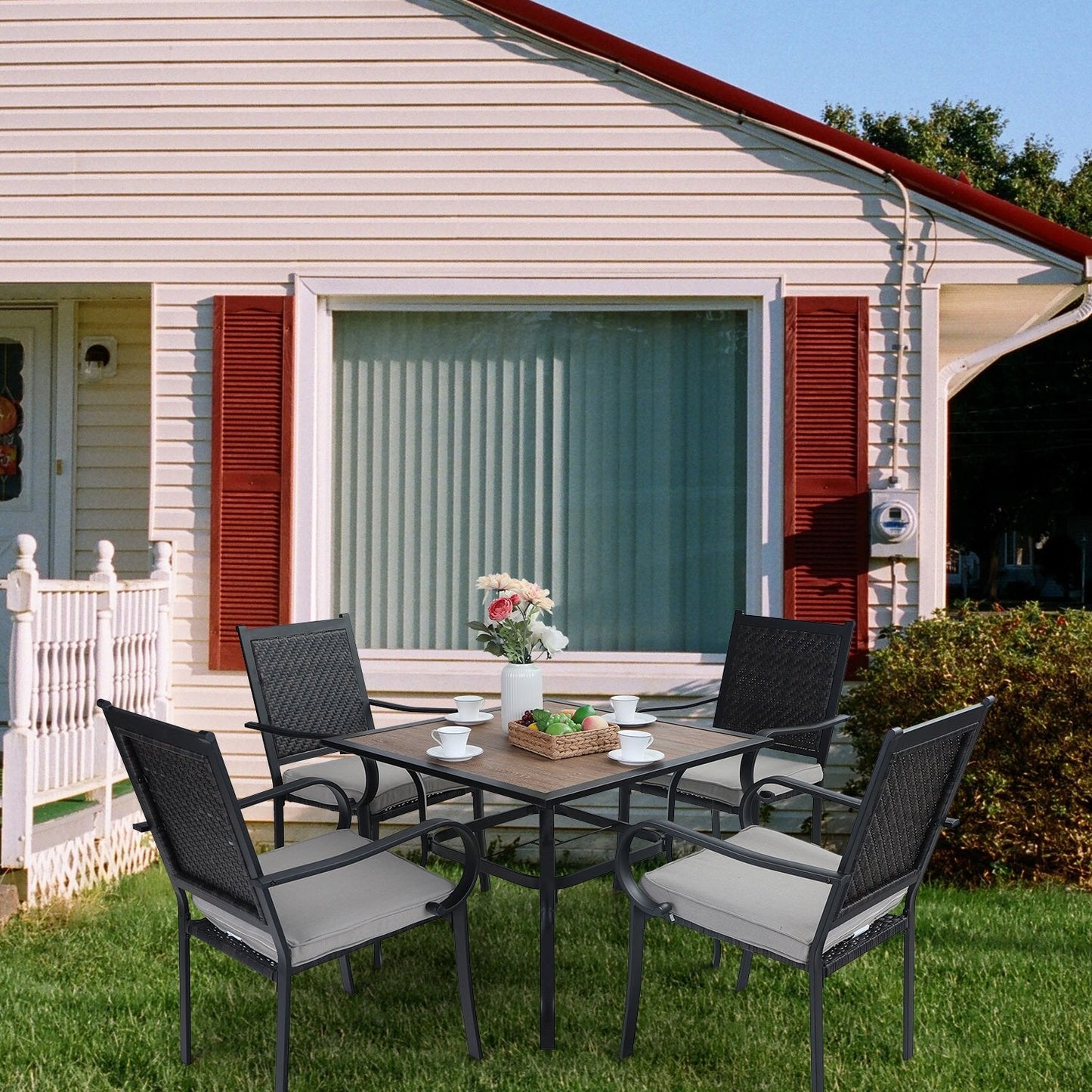 5-Piece Patio Dining Set with 4 Rattan Dining Chairs & Wood-look Square Table